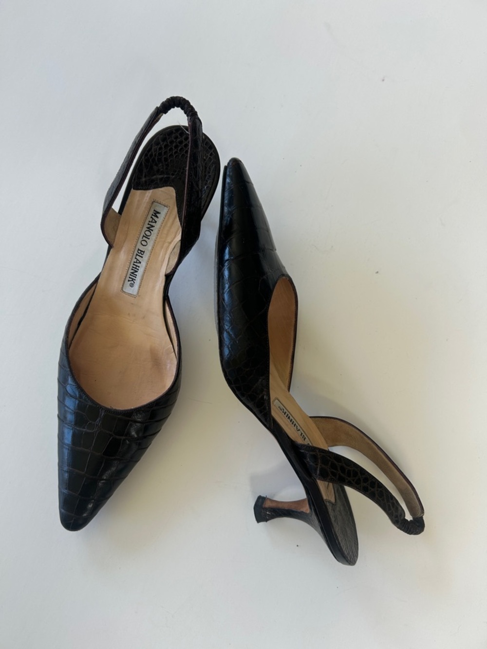 Manolo Blahnik Vintage Croc Slingback Kitten Heels Pointed Toe